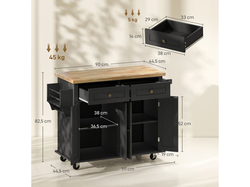  Desserte îlot de cuisine 2 tiroirs 2 placards mdf et bois d'hévéa noir 111 x 44 x 82 cm  - Conforama C