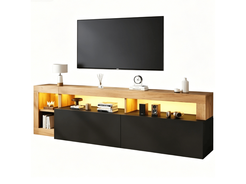  Meuble tv led 184x42x58 cm - meuble bas avec rangement ouvert, éclairage led, pour tv jusqu’à 80 pouces, cadre effet bois - noir  - Conforama A