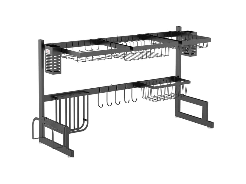  Égouttoir à vaisselle à 2 niveaux avec porte-couteaux et étagère pour planche à découper, 93 x 30 x 52,5 cm, acier noir  - Conforama A