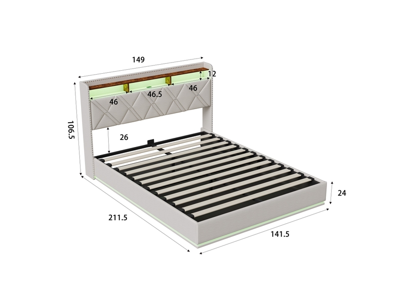  Lit coffre 140x200, lit double capitonné avec éclairage led et ports usbtype-c, tête de lit avec rangement, lit adulte, tissu lin, style moderne avec rivets, beige  - Conforama E