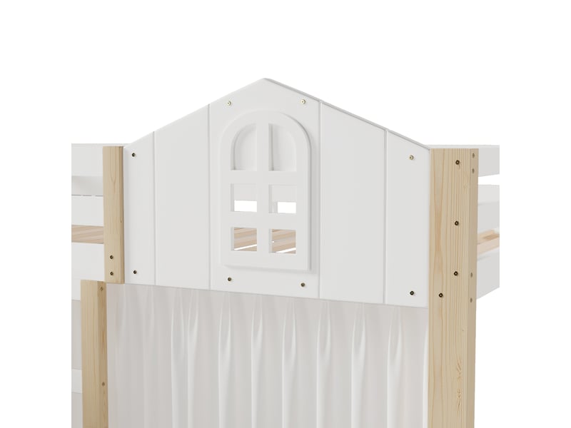 Lit mezzanine enfant 90 x 200 cm avec led, escalier de rangement et rideau en gaze, pin, mdf et contreplaqué, blanc et naturel Fay Lum - Conforama E