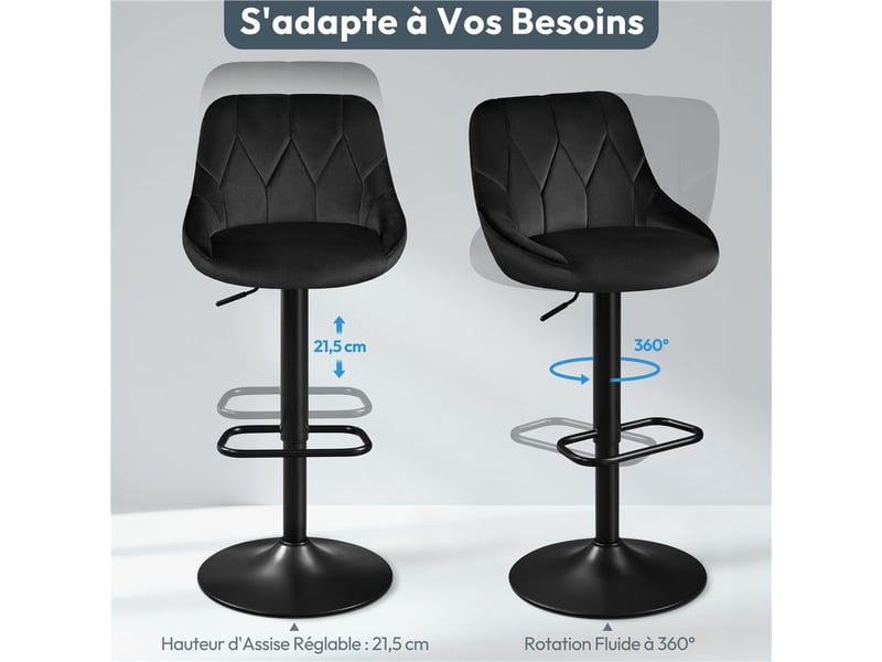  Lot de 4 chaises hautes pivotantes en velours avec hauteur réglable et base antidérapante 593510 Black(2pcs)*2 - Conforama W