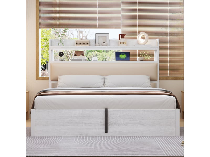  Lit coffre 180x200cm avec ports usb de chargement, design moderne épuré, métal et bois, blanc, sans matelas  - Conforama C