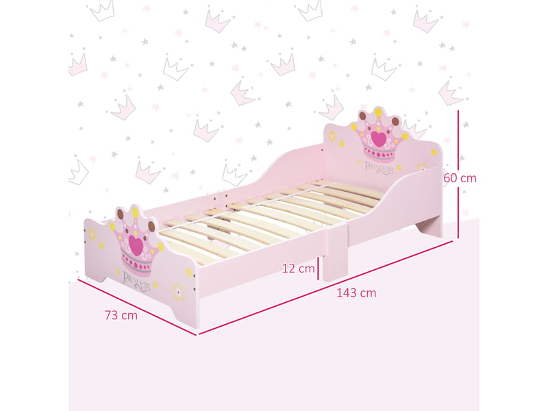 Lit enfant 140 x 70 cm - lit d'enfant design princesse motif couronne - mdf contre-plaqué rose - sommier à lattes inclus - Conforama C