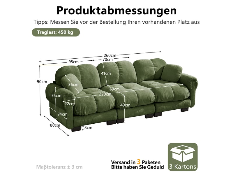  Canapé droit fixe 3 places en tissu vert avec 2 coussins déco, assise épaisse et dossier ergonomique  - Conforama C