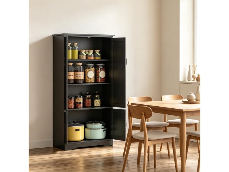  Armoire de cuisine 2 portes avec rangement et 3 étagères - lpospi - poignées en métal, portes rainurées mdf noir  - Conforama B