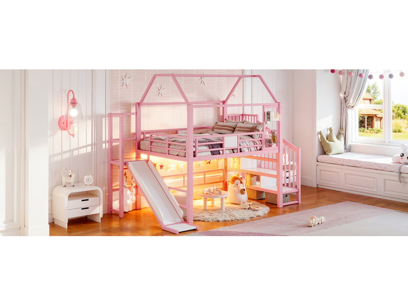  Lit mezzanine enfant 140×200 cm, toboggan, escalier de rangement et led réglable - okmyhome- rose, sans matelas  - Conforama E