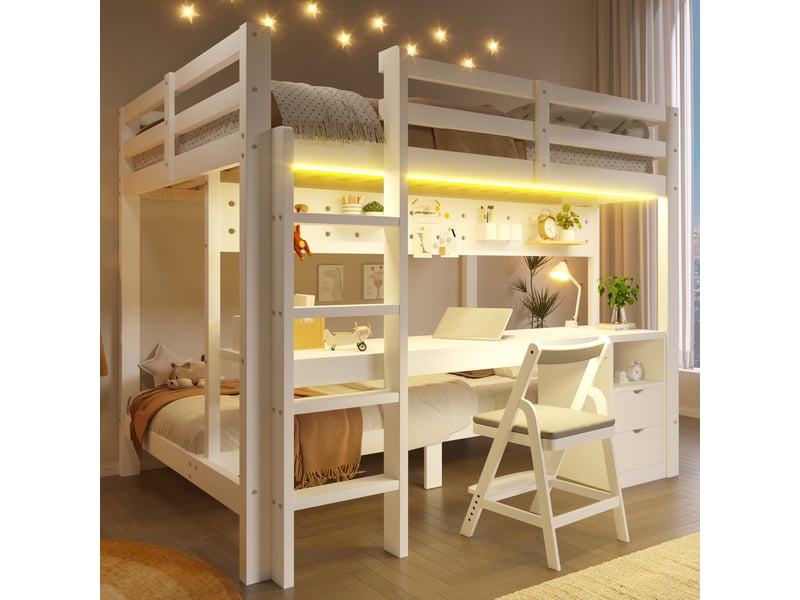 Lit mezzanine superposé 140x200 et 90x200 cm avec bureau, tiroirs et led blanc - Conforama B