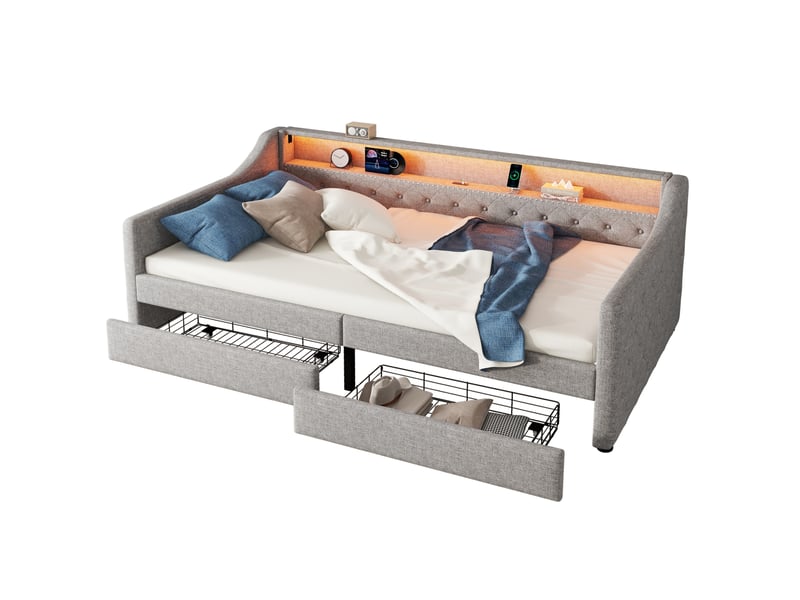  Modenvie lit banquette 90x200 cm - led télécommandée, 2 tiroirs, port usb, sans matelas - gris  - Conforama A