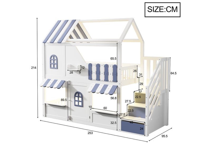  Lit superposé enfant 90x200 cm lit cabane avec rangement escalier led bois blanc bleu  - Conforama C