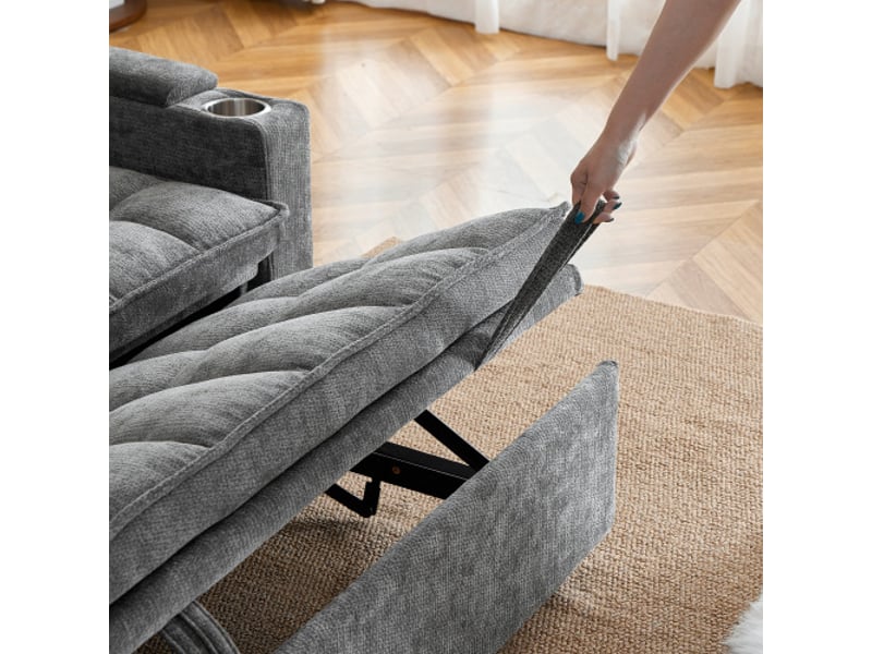 Canapé-lit 3-en-1 142 cm – coussins d’assise et de dossier moelleux, 2 coussins lombaires, tablette et porte-gobelets - Conforama E