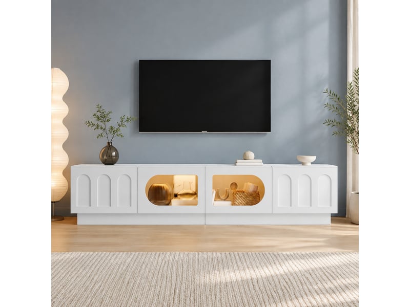 Meuble tv 4 portes led réglable par application - lpospi - verre ovale, passe-câbles mdf blanc 200 × 40 × 42 cm - Conforama C
