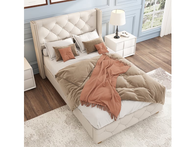  Modenvie lit capitonne 90x200 cm - tete de lit a ailes, capitonnage a boutons - sommier inclus, beige  - Conforama E