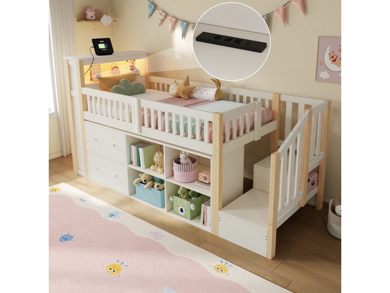 Lit mi-hauteur 90x200 cm, placard‑échelle, avec éclairage led usb usb-c, rangements en niches, bois et mdf naturel et blanc sans matelas - Conforama B