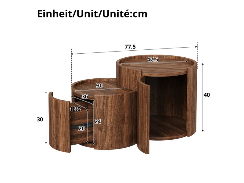  Table basse ronde 77,5x47,5x40 cm avec tiroirs et portes arrondies, table de salon avec rangement, design moderne -mdf-noyer  - Conforama C