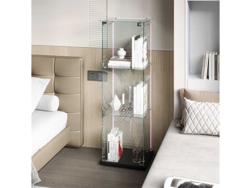  Vitrine en verre 123.3x39.8x35cm - vitrine 1 porte 3 niveaux avec led et base noire - meuble de présentation - noir  - Conforama B