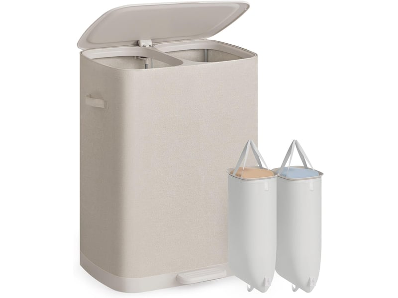  Panier à linge 2 compartiments 56 x 40,5 x 75 cm avec couvercle sacs amovibles usage buanderie salle de bain en plastique beige clair 12_0013071  - Conforama A