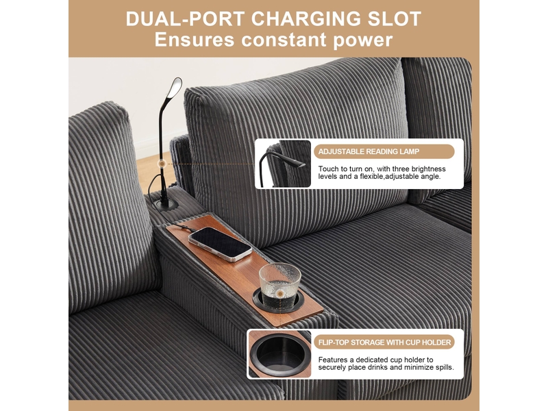  Canapé modulable canapé d'angle 4 places en velours côtelé avec 2 poufs de rangement lampe de lecture ports usb - gris  - Conforama R