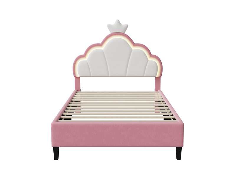  Lit enfantadolescent princesse avec tête de lit couronne &amp; led - 90x200 cm - rose &amp; velours blanc  - Conforama A