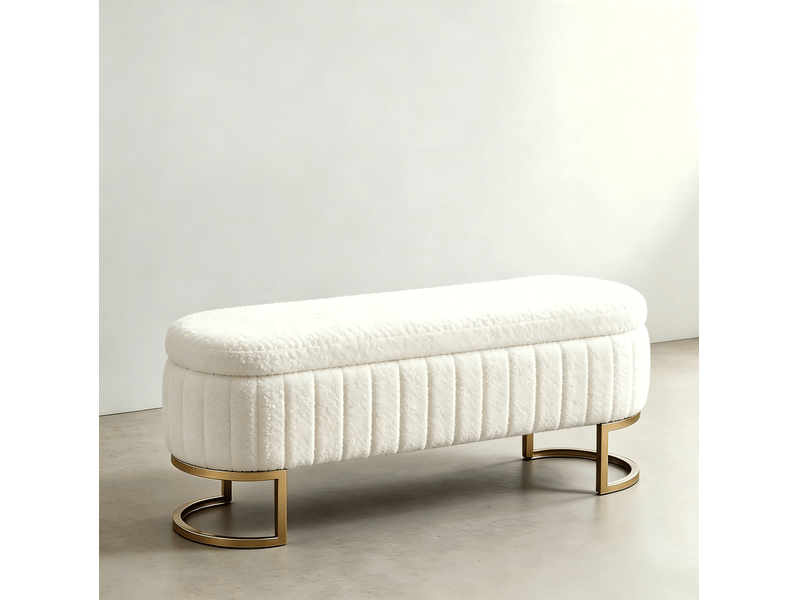  Banc coffre tcqpz en velours 129,5 x 42 x 46 cm rangement intérieur pieds métal doré crème  - Conforama D