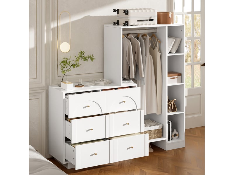 Armoire ouverte modenvie 139 x 35 x 133 cm avec penderie 6 tiroirs et étagères blanches - Conforama B