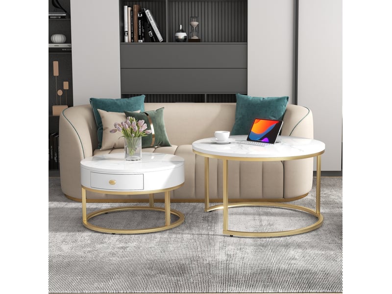  Lot de 2 tables basses rondes gigognes en mdf effet marbre blanc brillant  - Conforama B