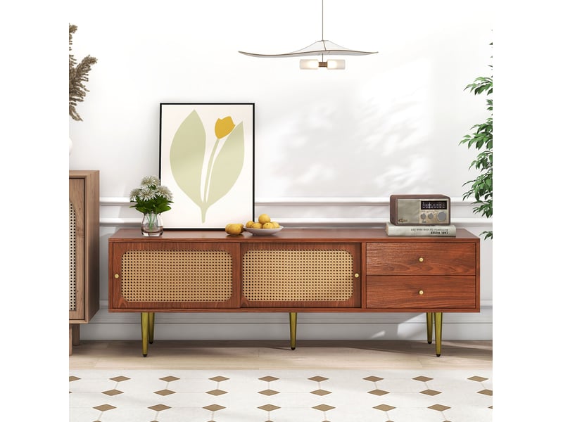  Meuble tv en mdf couleur noyer avec portes coulissantes en rotin synthétique, 160 x 40 x 60 cm  - Conforama D