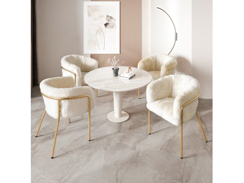 Lot 6 chaises de salle à manger, dossier arrondi, fauteuils d'appoint, revêtement en fausse fourrure, finition blanche, cadre en métal - Conforama E