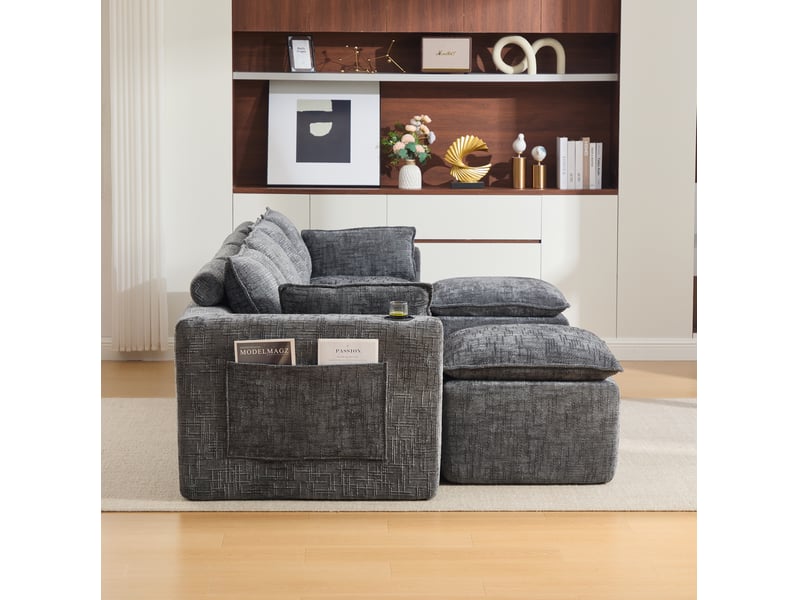  Canapé droit modulaire 4 places en tissu gris foncé avec 2 repose-pieds, porte-gobelets et poches latérales  - Conforama E