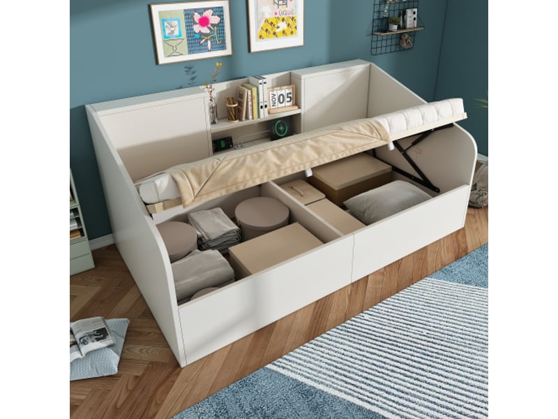 Lit de jour hydraulique 90x190 cm – bois blanc, sommier inclus, usb-c, 2 étagères, gain de place – sans matelas - Conforama D