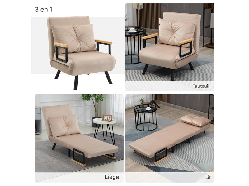  Fauteuil convertible 1 place dossier inclinable 5 positions avec coussin noir et naturel  - Conforama D
