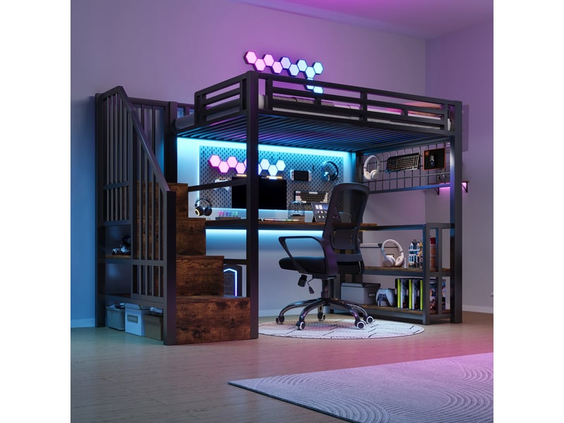 Lit mezzanine enfant 90x200 cm avec bureau intégré, rangements, led et ports usb, structure métal et mdf noir et blanc - Conforama R
