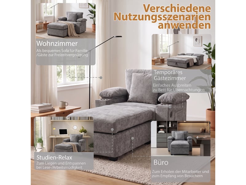 Fauteuil gris en chenille avec pouf, 98 × 148 × 83 cm, rangements dissimulés, port usb et poches latérales - Conforama D