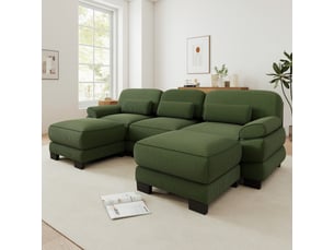 Canapé panoramique modulable 265 cm 3 places avec 2 poufs, design carré épuré, base et accoudoirs à matelassage en canaux, velours côtelé, vert