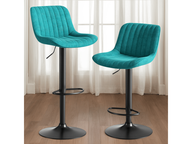  Tabouret de bar pivotant avec hauteur réglable et dossier ergonomique, en velours, métal et bois bleu  - Conforama B