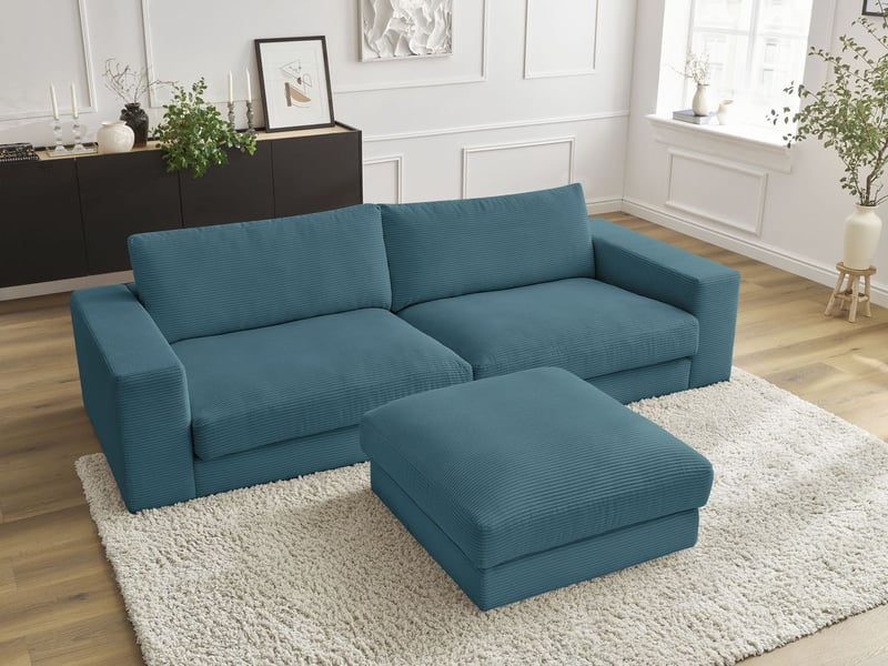  Bobochic canapé droit fixe 3 places leonard velours côtelé avec pouf bleu clair LEONARD - Conforama D