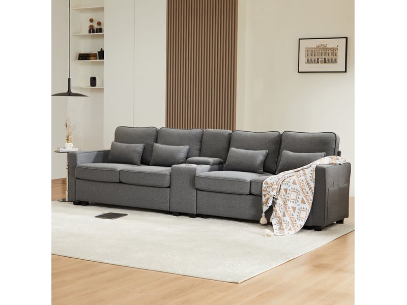  Canapé 4 places tcqpz avec console, 2 porte-gobelets et 2 ports usb 290 x 83 x 88 cm tissu aspect lin gris foncé  - Conforama D