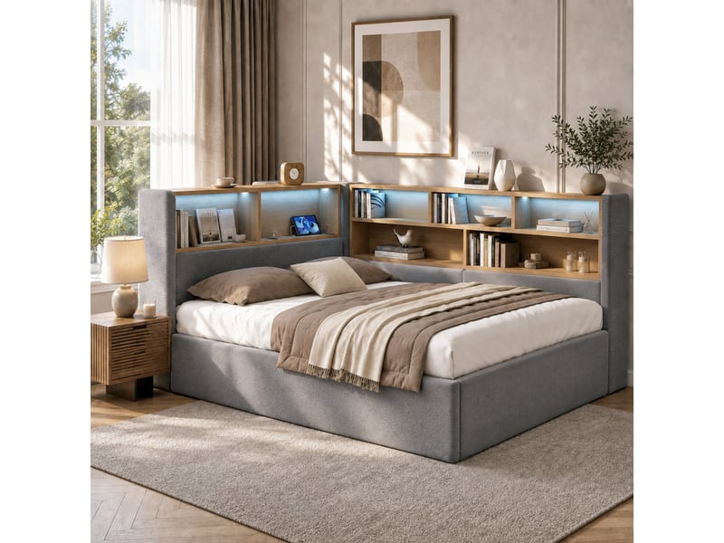  Lit coffre hydraulique 140x190 cm avec rangement, lit double capitonné en velours, tête de lit avec étagères, led, usb-c et sommier à lattes - gris  - Conforama C
