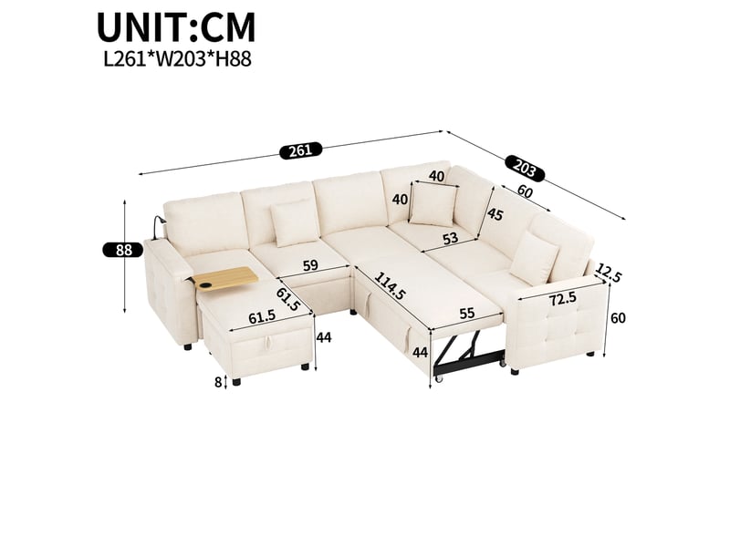 Canapé d’angle convertible réversible 6 places 261x203 cm, pouf coffre, accoudoir coffre, table rabattable, lampe led, usb et usb-c, chenille beige Radiant Stride - Conforama C
