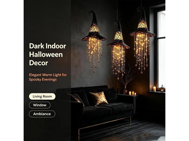  2 pièces décoration halloween suspendue, chapeau de sorcière lumineux led en maille noire avec étoiles pour porche et jardin  - Conforama D