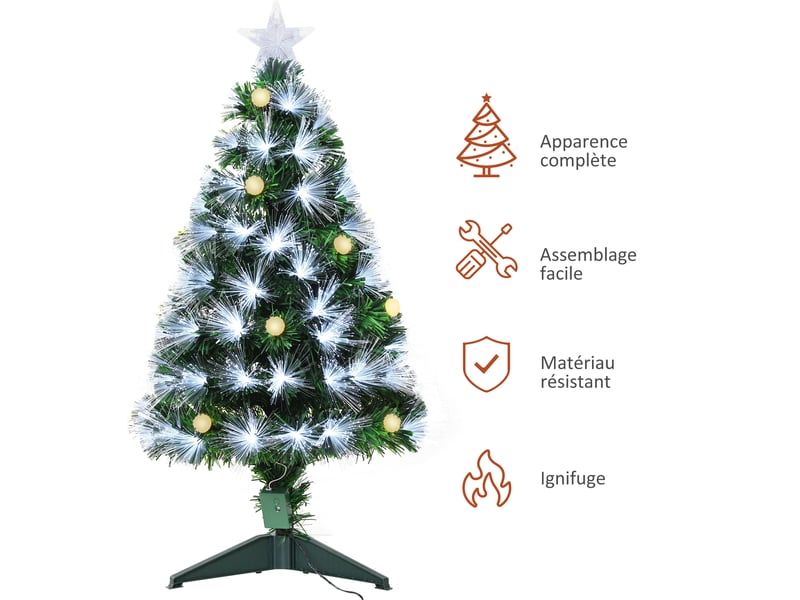  Sapin de noël artificiel lumineux 90h cm fibre optique led + support pied 90 branches étoile sommet brillante vert + 14 ampoules  - Conforama D