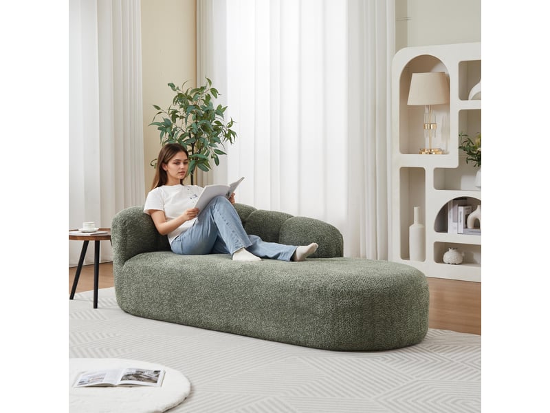  Fauteuil 1 place - 204x87x66 cm - canapé méridienne tissu chenille avec dossier vague - vert sage  - Conforama D