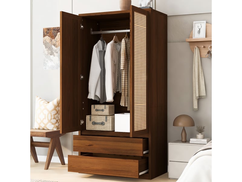  Armoire à deux portes 90 × 50 × 170 cm – avec 2 tiroirs – portes en rotin – naturel  - Conforama D