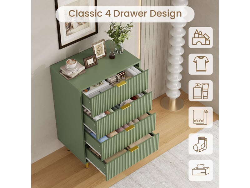 Commode moderne 4 tiroirs façade ondulée – rangement élégant, poignées et pieds dorés – pour chambre, salon ou entrée – vert avocat PHK_35LRSD3V - Conforama C