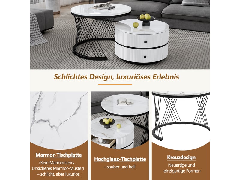  Ensemble de 2 tables basses blanches élégantes avec finition marbre - 60x60x46 cm et 50x50x31 cm  - Conforama E