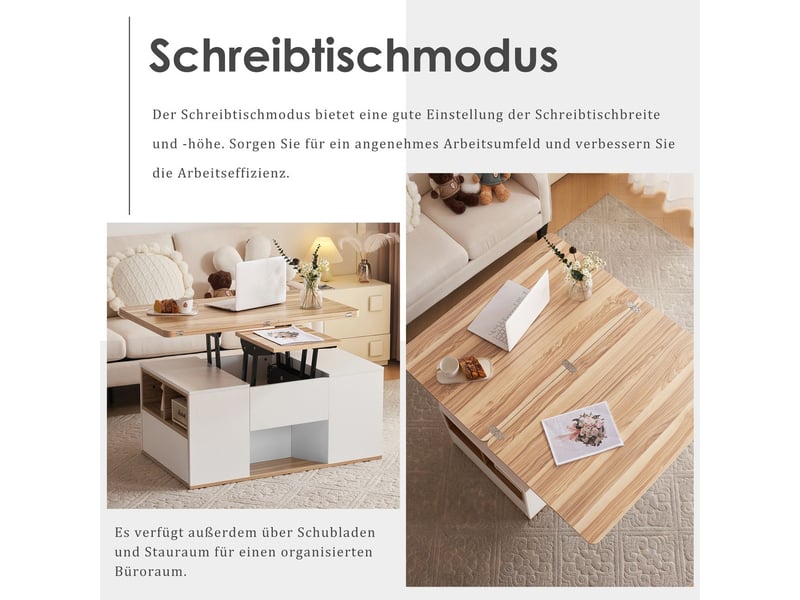  Table basse 100x50x50, bicolore table basse salon, plateau relevable, double plateau, rangement intégré  - Conforama E
