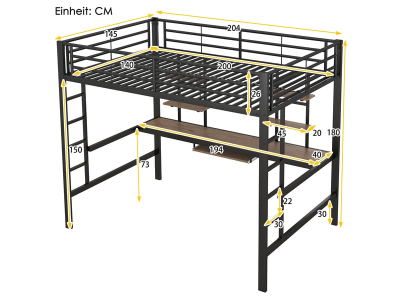  Lit mezzanine 140x200 cm avec bureau et 2 étagères noir  - Conforama C
