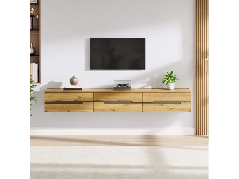  Meuble tv mural avec 3 tiroirs 160x30x25,5 cm coloris bois naturel  - Conforama W