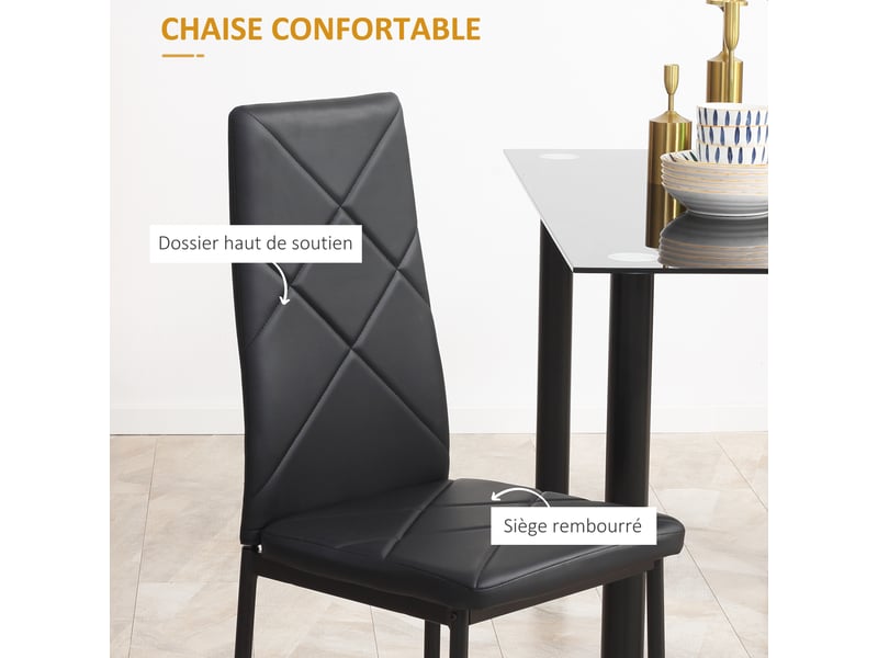  Ensemble de table à manger avec 4 chaises plateau en verre trempé, pour cuisine salon noir, pieds en acier  - Conforama E