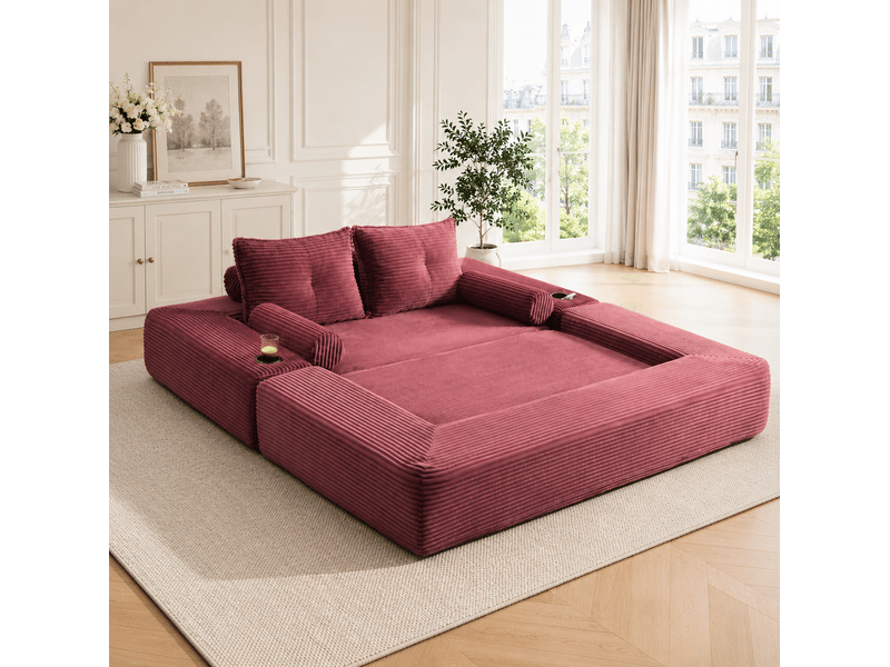  Canapé droit convertible 2 places en velours côtelé rouge bordeaux, poches et porte-gobelet intégrés  - Conforama B